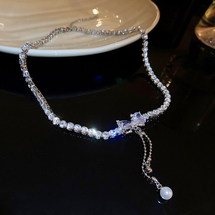 Copper Zircon Heart Bow Pearl Tassel Necklace, Trendy Style Clavicle Choker