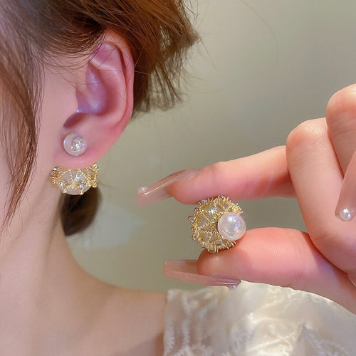 Alloy Silver Needle Pearl Flower Letter Geometric French OL Style Stud Earrings For Women