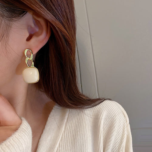 Creamy White Square Geometric Alloy Stud Earrings Minimalist Fashion OL Style For Women