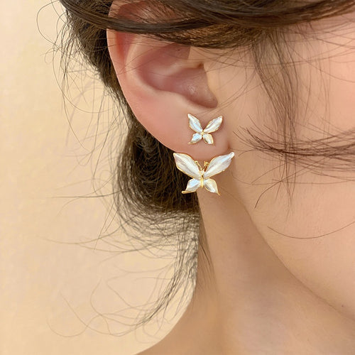 Alloy Silver Needle Butterfly Bow Stud Earrings Lightweight Enamel Two-Way Fashion OL Design