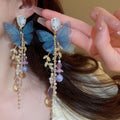 Chic Alloy Butterfly Drop Earrings With Rhinestone Crystal Mesh Pearl Tassel Design view 2