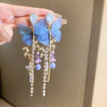 Chic Alloy Butterfly Drop Earrings With Rhinestone Crystal Mesh Pearl Tassel Design view 1