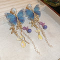 Chic Alloy Butterfly Drop Earrings With Rhinestone Crystal Mesh Pearl Tassel Design view 3