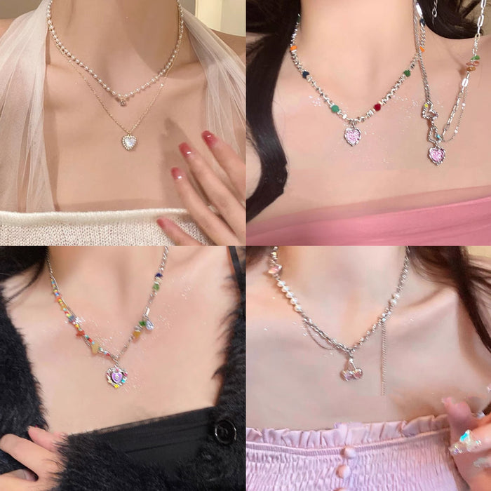 Sweet Cool Heart Pearl Beaded Necklace With Crushed Silver Crystal Accents Colorful Clavicle Jewelry
