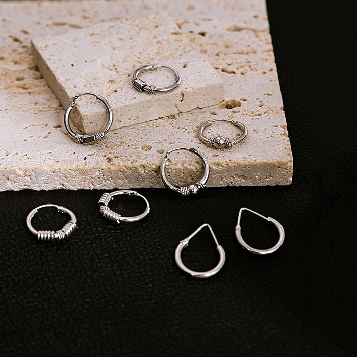 Vintage Silver Alloy Small Hoop Huggie With Round Bead Spring Knot Detail Minimalist Women Earrings