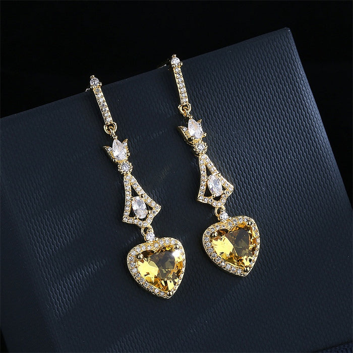 Geometric Long Bridal Earrings For Women, Gold Plated Copper Heart Zircon Dangle Jewelry