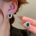 Copper Geometric Oval Emerald Zircon Stud Earrings Minimalist Elegant Silver Needle Jewelry view 1