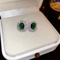 Copper Geometric Oval Emerald Zircon Stud Earrings Minimalist Elegant Silver Needle Jewelry view 4