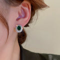 Copper Geometric Oval Emerald Zircon Stud Earrings Minimalist Elegant Silver Needle Jewelry view 3