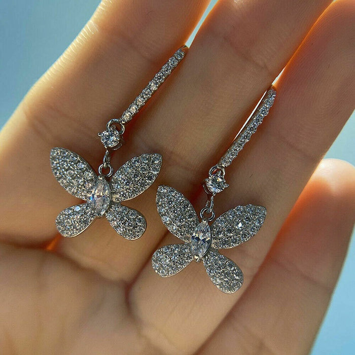 Sweet Full Rhinestone Bow Drop Earrings For Women, Sparkling Butterfly Dangle Ear Jewelry