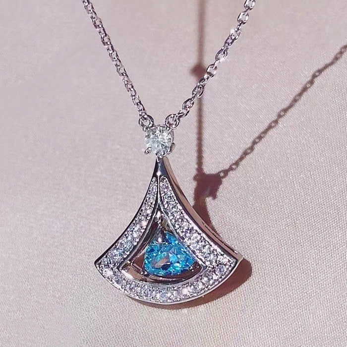 Creative Fan Shape Aquamarine Zircon Necklace, Fashion Skirt Pendant Collarbone Chain For Women