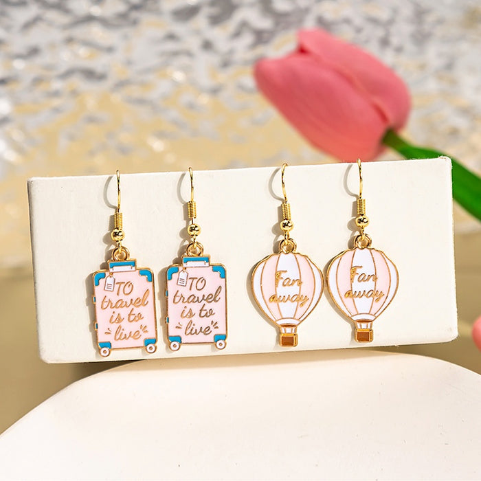 Cute Enamel Alloy Suitcase And Hot Air Balloon Travel Theme Drop Dangle Hook Earrings