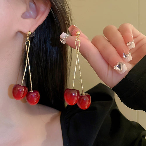 Chic Alloy Cherry Drop Earrings With Silver Needle, Fresh Fruit Dangle Earrings For Women