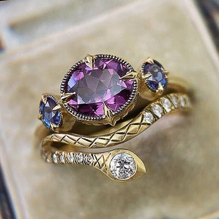 Vintage Bohemian Copper Stack Ring Set With Purple Zirconia Snake Shape Exotic Women's Rings