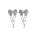 Elegant French Bowknot Rhinestone Pearl Chain Ear Cuff Clip Luxury Zircon Crystal Dangle Earrings view 5
