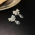 Elegant French Bowknot Rhinestone Pearl Chain Ear Cuff Clip Luxury Zircon Crystal Dangle Earrings view 2