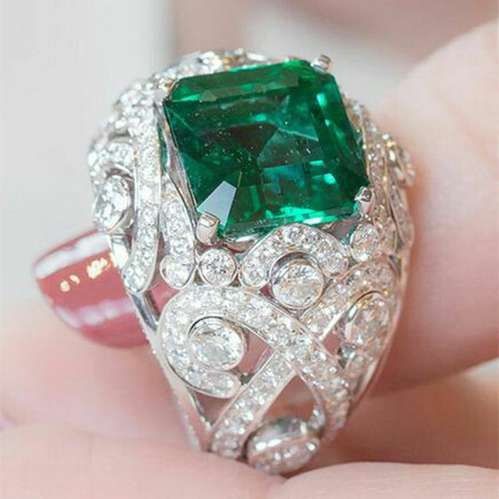 French Style Color Gem Emerald Shape Zircon Women's Ring, Niche Light Luxury Adjustable Jewelry