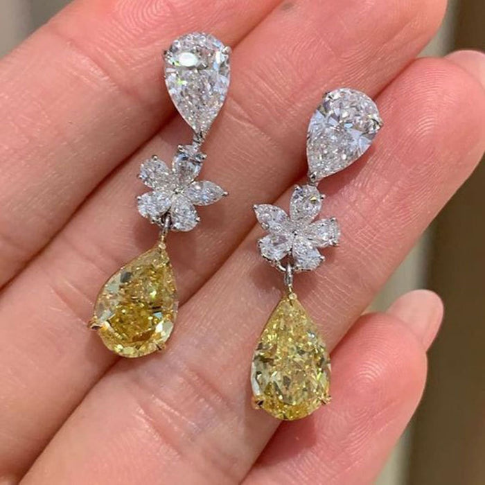 European Fashion Long Water Drop Dangle Earrings With Micro Pave Yellow Zircon For Women