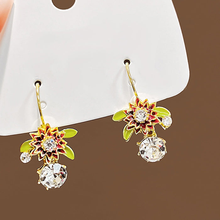 Elegant Daisy Sunflower Enamel Rhinestone Crystal Drop Hook S925 Needle Forest Style Women's Earrings