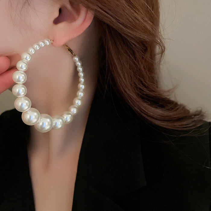 Oversized Pearl Hoop Earrings With Silver Pins French Chic Geometric Statement Design