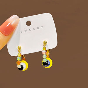 Vintage Colorblock Rice Bead Alloy Studs With Acrylic Crescent Charm Drops For Women Earrings