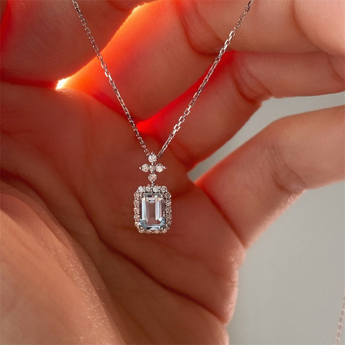 Creative Perfume Bottle Necklace With Sea Blue Zircon, French Square Stone Collarbone Chain