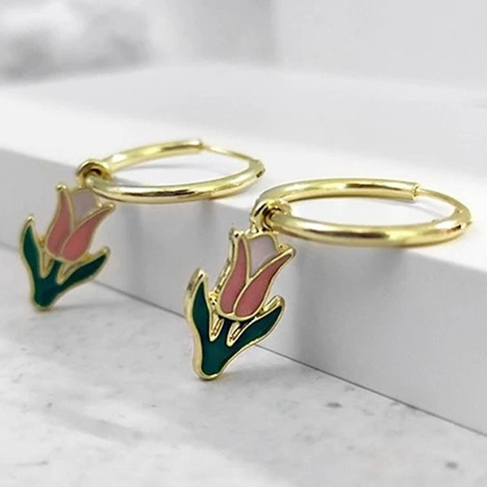 Minimalist Contrast Color Flower Ear Cuff Retro Tulip Epoxy Drop Earrings For Women Gift