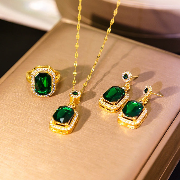 Elegant Vintage Emerald Green Square Crystal Zircon Halo Gold Alloy Drop Stud Jewelry Set Earrings