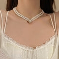 French Vintage Double Layer Faux Baroque Pearl Necklace With Round Rhinestone Pendant view 3