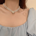 French Vintage Double Layer Faux Baroque Pearl Necklace With Round Rhinestone Pendant view 2