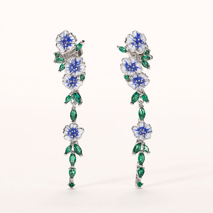Natural Style Long Enamel Flower Cubic Zirconia Drop Earrings For Women, Elegant Summer Jewelry