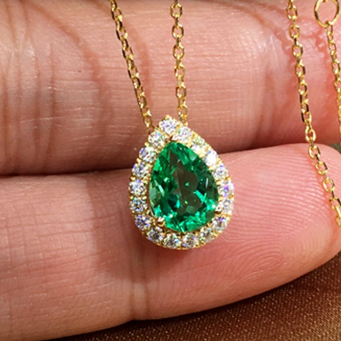 Micro Pave Teardrop Emerald Green Cubic Zirconia Pendant Necklace For Women Choker Jewelry