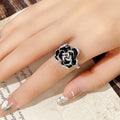 Vintage Elegant Enamel Zircon Ring, Unique Black Rose Flower Handmade Resin Finger Ring For Women view 4