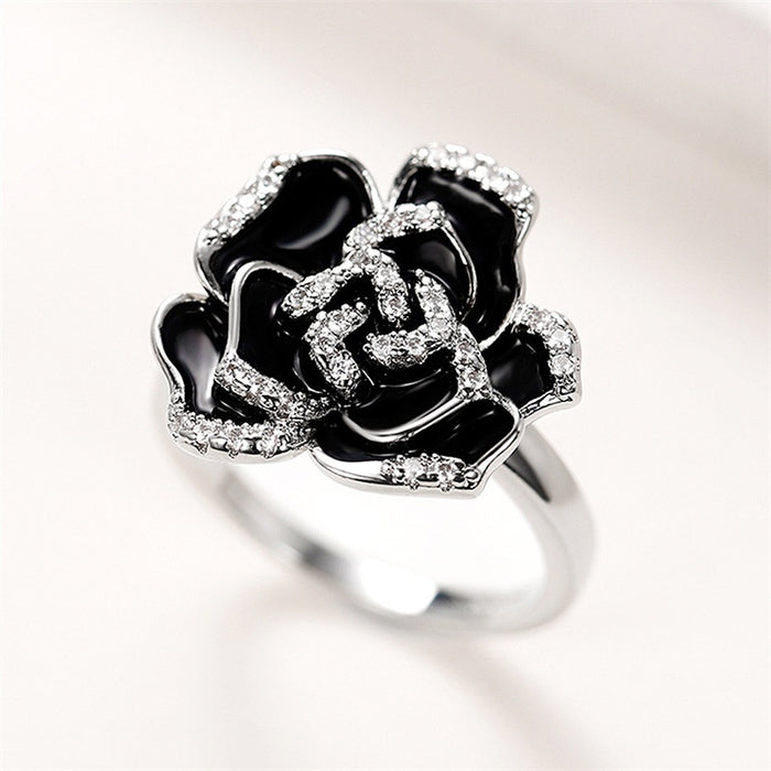 Vintage Elegant Enamel Zircon Ring, Unique Black Rose Flower Handmade Resin Finger Ring For Women