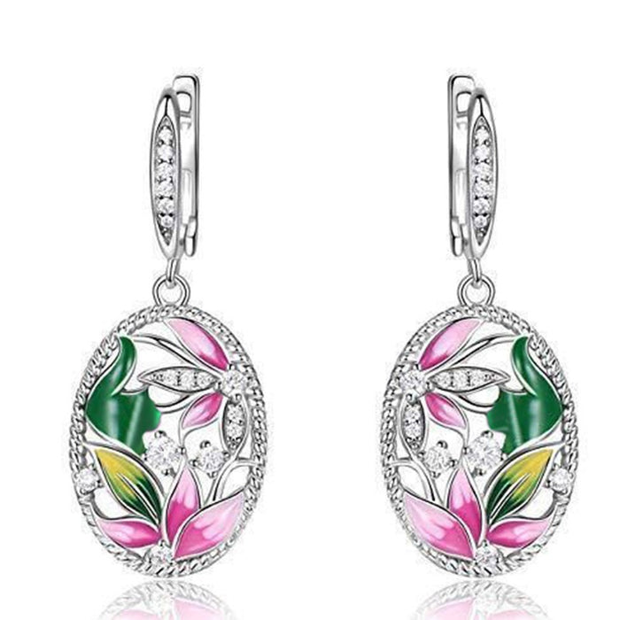 French Romantic Oval Flower Resin Enamel Painted Zircon Earrings Valentine's Day Drop Earrings
