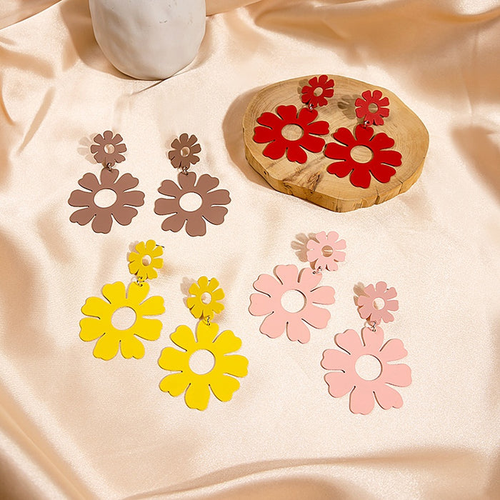Enamel Hollow Flower Drop Earrings For Women Casual Matte Floral Dangle Statement Alloy Earrings