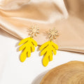 Elegant Enamel Leaf Drop Dangle Alloy Gold Flower Stud Long Matte Painted Statement Earrings view 3