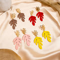 Elegant Enamel Leaf Drop Dangle Alloy Gold Flower Stud Long Matte Painted Statement Earrings view 1