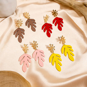 Elegant Enamel Leaf Drop Dangle Alloy Gold Flower Stud Long Matte Painted Statement Earrings