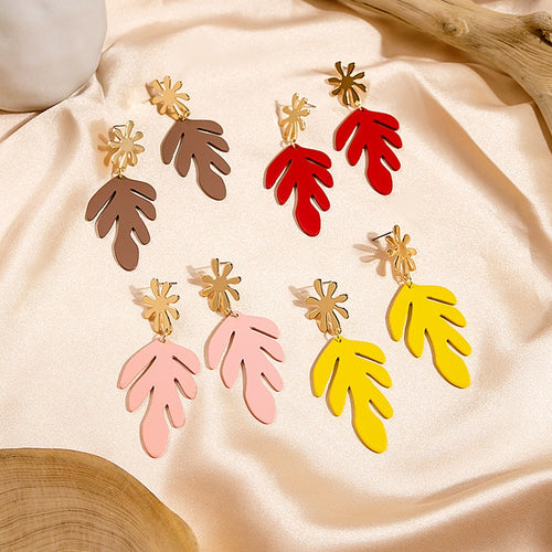 Elegant Enamel Leaf Drop Dangle Alloy Gold Flower Stud Long Matte Painted Statement Earrings