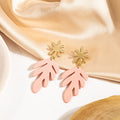 Elegant Enamel Leaf Drop Dangle Alloy Gold Flower Stud Long Matte Painted Statement Earrings view 4