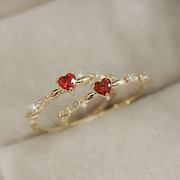 Japanese Style Red Zircon Heart Ring For Women Elegant Fairy Romantic Index Finger Jewelry