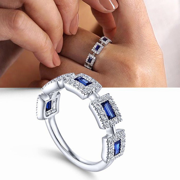 Blue Square Cubic Zirconia Inlaid Ring For Women European Fashion Engagement Band