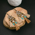Vintage Bohemian Flower Tassel Alloy Enamel Rhinestone Beaded Ethnic Statement Dangle Drop Earrings view 3