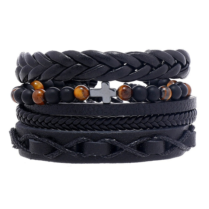 Simple Handmade Braided Multi Layer Leather Bracelet 3 Piece DIY Set Black Men's Wristband