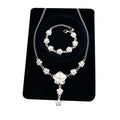 Ethnic Faux Silver Rose Flower Necklace And Bracelet Set, Vintage Floral Chain Jewelry view 5