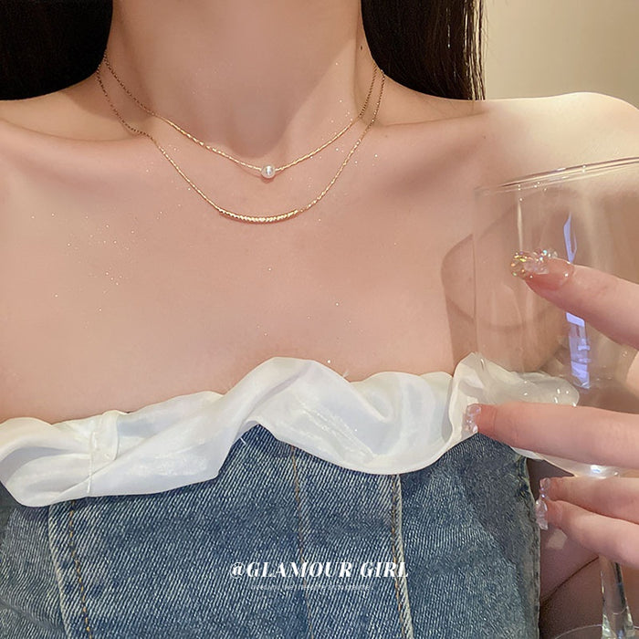 Minimalist Pearl Geometric Double Layer Metal Choker Necklace For Women