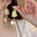 Fresh Forest Style Pearl Tassel Drop Earrings With Laser Sequins And Round Geometric Stud Design view 1