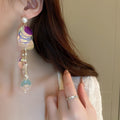 Fresh Forest Style Pearl Tassel Drop Earrings With Laser Sequins And Round Geometric Stud Design view 3