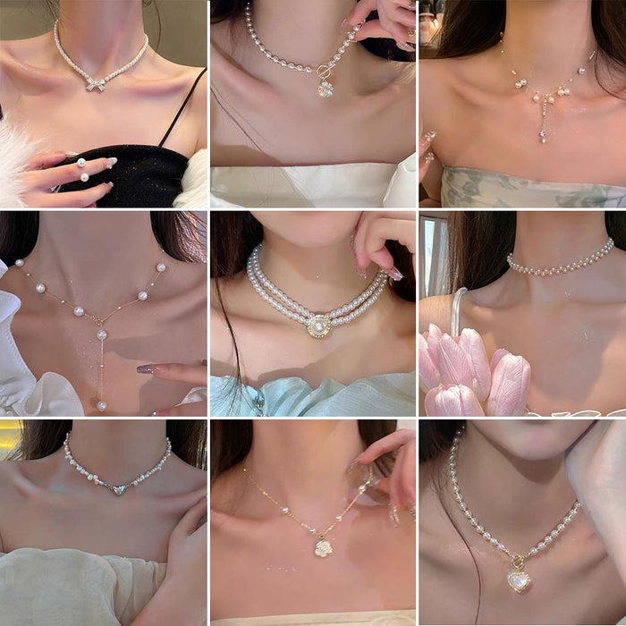 Korean Light Luxury Faux Pearl Rhinestone Beaded Tassel Collarbone Necklace For Women